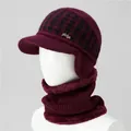 Close-up of winter knit hat with warm fleece lining and matching scarf set in burgundy - Hat And Neck Warmer / Burgundy