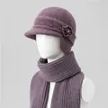 Detail of purple winter knit hat and scarf set with woven flower and rhinestone accents - Taro Purple (Hat And Scarf)