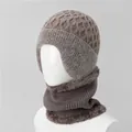 Detail of winter knit hat and neck warmer with plush lining and metal logo tag - Khaki (Hat And Snood)