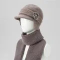 Detail of grey-brown knit hat and scarf set with floral rhinestone embellishment - Khaki (Hat + Scarf Set)