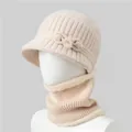 Detail of warm winter knit hat and scarf set with fleece lining and pearl bow decoration - Hat And Neck Warmer / Beige