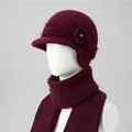 Close-up of burgundy rabbit fur blend knit hat and scarf set with floral detail - Wine Red (Hat And Scarf)