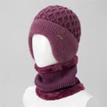 Close-up of deep purple knitted hat with fleece lining and faux fur trim for elderly women - Dusty Purple (Hat And Snood)