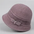 Detail of purple knit bucket hat showing warm velvet texture and silver metal buckle - M / Taro
