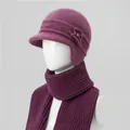 Detail of purple winter knit hat with rabbit fur texture, floral decor and matching scarf - Dusty Purple (Hat And Scarf)