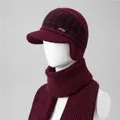 Detail of burgundy winter knit hat and scarf set with ear protection and plaid pattern - Hats And Scarves / Burgundy
