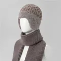 Detailed knit texture and metal logo on winter ear-protection hat and scarf set - Khaki (Hat + Scarf Set)