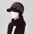 Detail of warm purple knit winter hat and scarf set with fleece lining for older women - Hats And Scarves / Purple