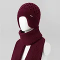 Detailed view of wine red honeycomb knit hat and scarf set with ear protection design - Wine Red (Hat And Scarf)