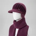 Detail of winter knit hat and scarf set with fleece lining and checkered pattern - Hats And Scarves / Mauve