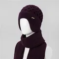Detail of dark purple knit hat and scarf set with fleece lining for elderly women - Purple (Hat And Scarf)