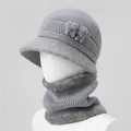 Detailed view of gray knit cloche hat and matching fleece-lined neck warmer for winter - One Size / Hat + Neck Warmer / Gray