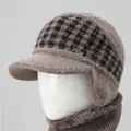 Set berretto invernale e scaldacollo marrone da donna con motivo pied-de-poule e pile - Cappello / Cachi