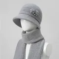 Detailed knit texture of grey winter hat and scarf set with plush pom-pom decor - One Size / Hat + Scarf / Gray