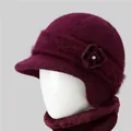 Deep burgundy knitted winter hat and neck warmer set with floral detail and fur lining - Wine Red (Hat Only)