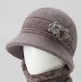 Winter knit hat and scarf set for elderly women with lavender floral design and faux fur lining - One Size / Single Hat / Khaki