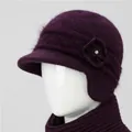 Women's deep purple thick rabbit fur knit hat with ear protection and flower detail - Purple (Hat Only)