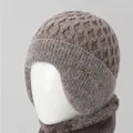 Women's winter knit beanie hat and neck warmer set in brownish grey with plush lining - Khaki (Hat Only)