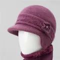 Purple winter knitted hat and neck warmer set with ear protection and floral decor - Dusty Purple (Hat Only)