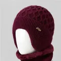 Women's warm winter knit hat and scarf set in deep burgundy with plush lining - Wine Red (Hat Only)