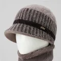 Conjunto de invierno con gorro de piel de conejo café y calentador de cuello de felpa - Sombrero individual / Caqui