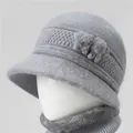 Winter knitted grey rabbit fur hat for elderly women with decorative side flower detail - One Size / Single Hat / Gray