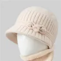 Beige winter knit hat and scarf set for elderly women with pearl and bow details - Single Hat / Beige