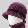 Conjunto de gorro de punto morado oscuro y bufanda con forro polar para mujeres mayores - Sombrero individual / Malva
