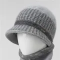 Conjunto de gorro y bufanda de punto de pelo de conejo gris para mujer en invierno - Sombrero individual / Gris