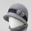 Conjunto de gorro y bufanda de punto azul grisáceo con flores 3D para ancianas - Gris (Solo Sombrero)