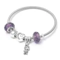 Silver snake chain bracelet featuring purple glass beads and heart charm with girl pendant - Purple Glass Girl Style (CL-42)
