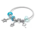 Silver snake chain bracelet featuring blue crystal beads and star crown charms - Dark Blue Star Crown Key Style (CL-47)