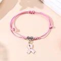 Roze gevlochten armband met roze lint hanger voor borstkanker preventie - Roze Strik