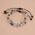 Bracelet mère fille avec perles en quartz rose et lettres cœur sur cordon noir - Ensemble 2 pièces MOMMY AND ME