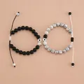 Minimalist black and white beaded couple bracelets with heart pattern and adjustable cord - Black and White Marble Heart Style (B230814)
