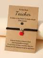 Handmade black braided bracelet with red apple charm on teacher appreciation gift card - Teacher Day Enamel Apple Black Rope