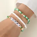 Three-piece bohemian beaded bracelet set with clover charms and lucky lettering beads - LUCKY 3-Piece Bracelet Set