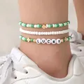 Ensemble de trois bracelets de cheville bohèmes avec perles vertes et trèfles - Ensemble de bracelets de cheville 3 pièces LUCKY