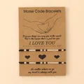 Morse code couple bracelet set with black beads and adjustable rope on I Love You card - Morse Code Style / Black and White