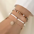Three-piece bohemian beaded bracelet set with gold chain and circular coin charm - Bracelet Set / Multicolor