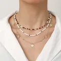 Three-layer bohemian beaded necklace with white and brown beads and golden shell pendants - 3-Layer Necklace Set / Brown