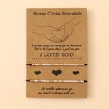 Morse code glass bead bracelets on heart card for couples or friendship gift - Morse Code Style / Champagne