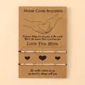 Morse code bracelet set for Mom with silver beads on black cord and gift card - White Gold