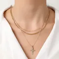 Goudkleurige drielaagse ketting met platte Cubaanse schakels en strass kruishanger - Gelaagde ketting / Goud