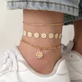 Driedelige gouden zonnebloem enkelbandjes set met witte madeliefjes en gelaagde kettingen - Goudkleurig Emaille Madeliefje Enkelbandje (Stijl 1)