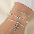 Three-piece silver chain bracelet set with rhinestone-encrusted cross pendant - 3Pcs Silver Cross Bracelets