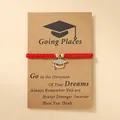 Red braided graduation bracelet with sparkling gold mortarboard pendant on card - Doctor Hat / Red Bracelet