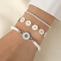 Zilveren madeliefje enkelbandset met witte kralen en zonnebloem bedeltjes - Zilverkleurige Emaille Madeliefje Armband (Stijl 2)
