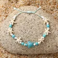 Bohemian gevlochten armband met turquoise schildpad en zeester kralen voor vakantie - Blauwe schildpad zeester bedel stijl / Gevlochten armband / Blauwe Combinatie