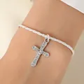 Silver-plated bracelet with rhinestone-studded cross pendant and braided texture - Silver Cross Bracelet